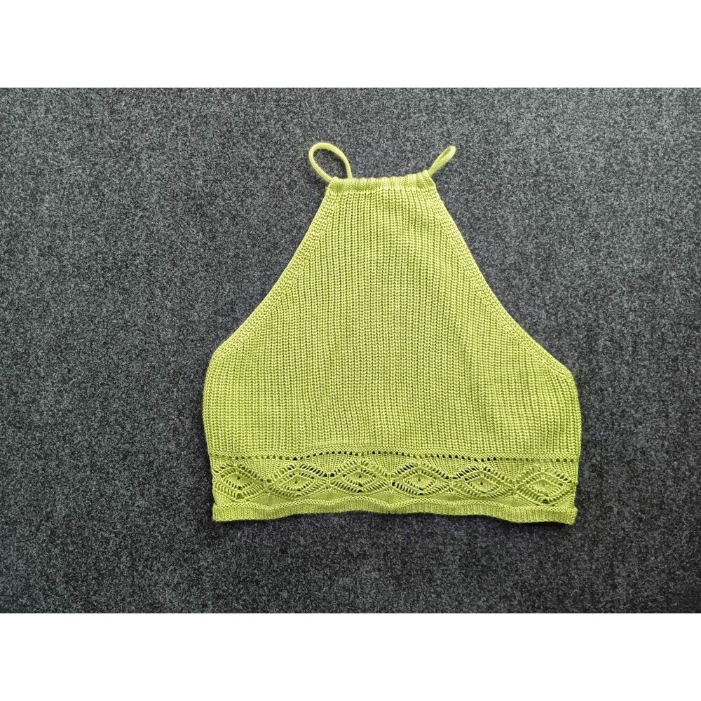 Jolie & Joy Green Knit Halter Crop Top with Lattice Bottom Detail